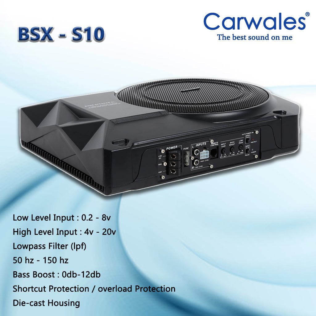 Carwales BSX-S10 10" Car Low Profile Amplified UnderSeat Active Subwoofer