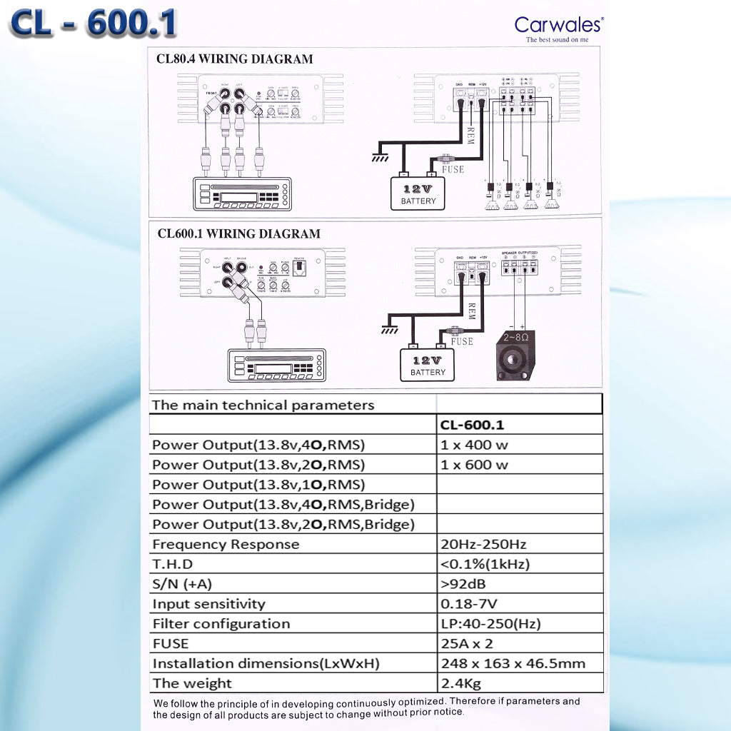 Carwales CL-600.1 Car Audio 1 Channel Power Amplifier