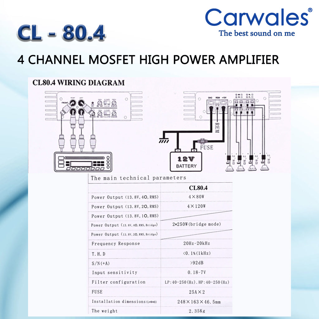 Carwales CL-80.4 Car Audio 4 Channel Power Amplifier