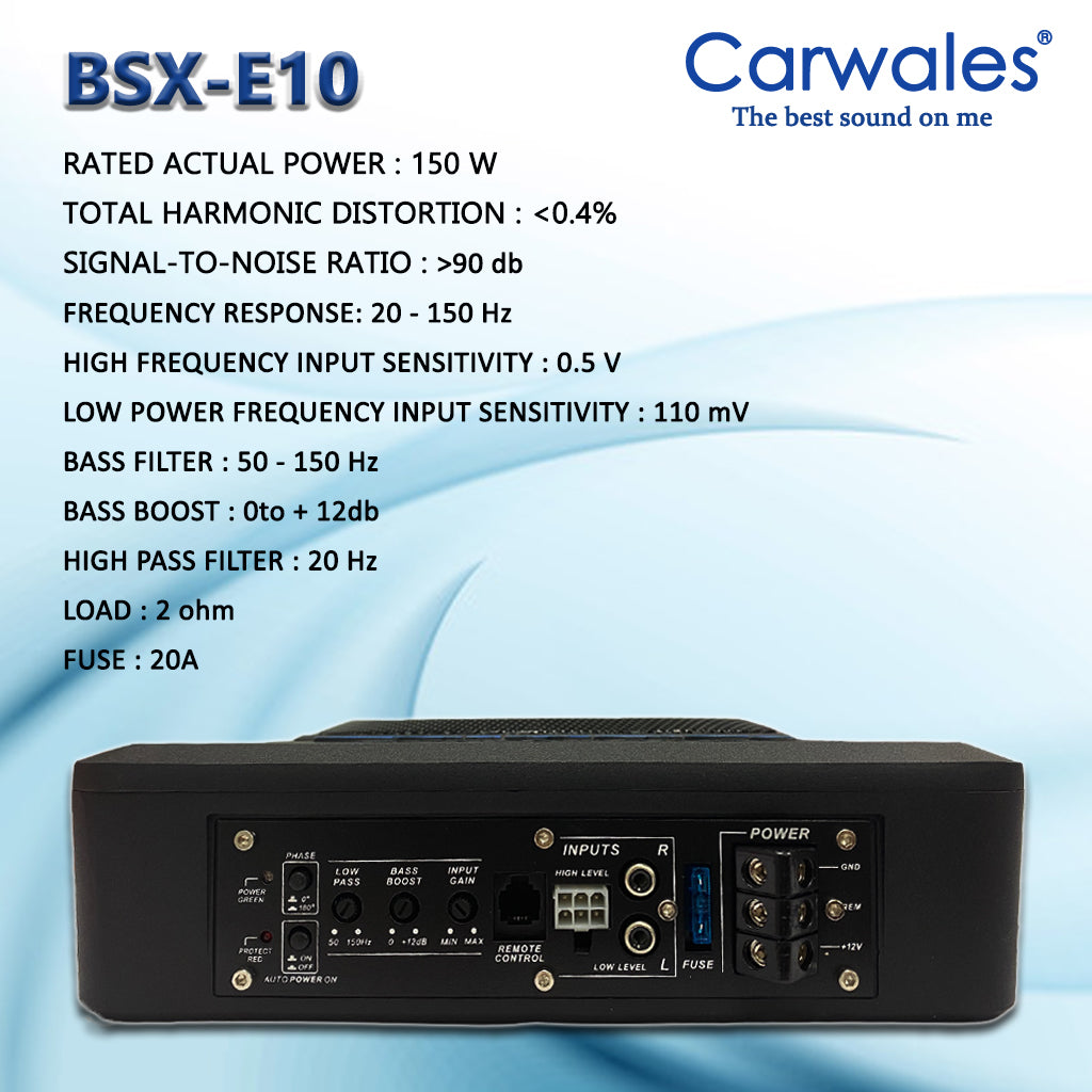Carwales BSX-E10 10" Car Low Profile Amplified UnderSeat Active Subwoofer